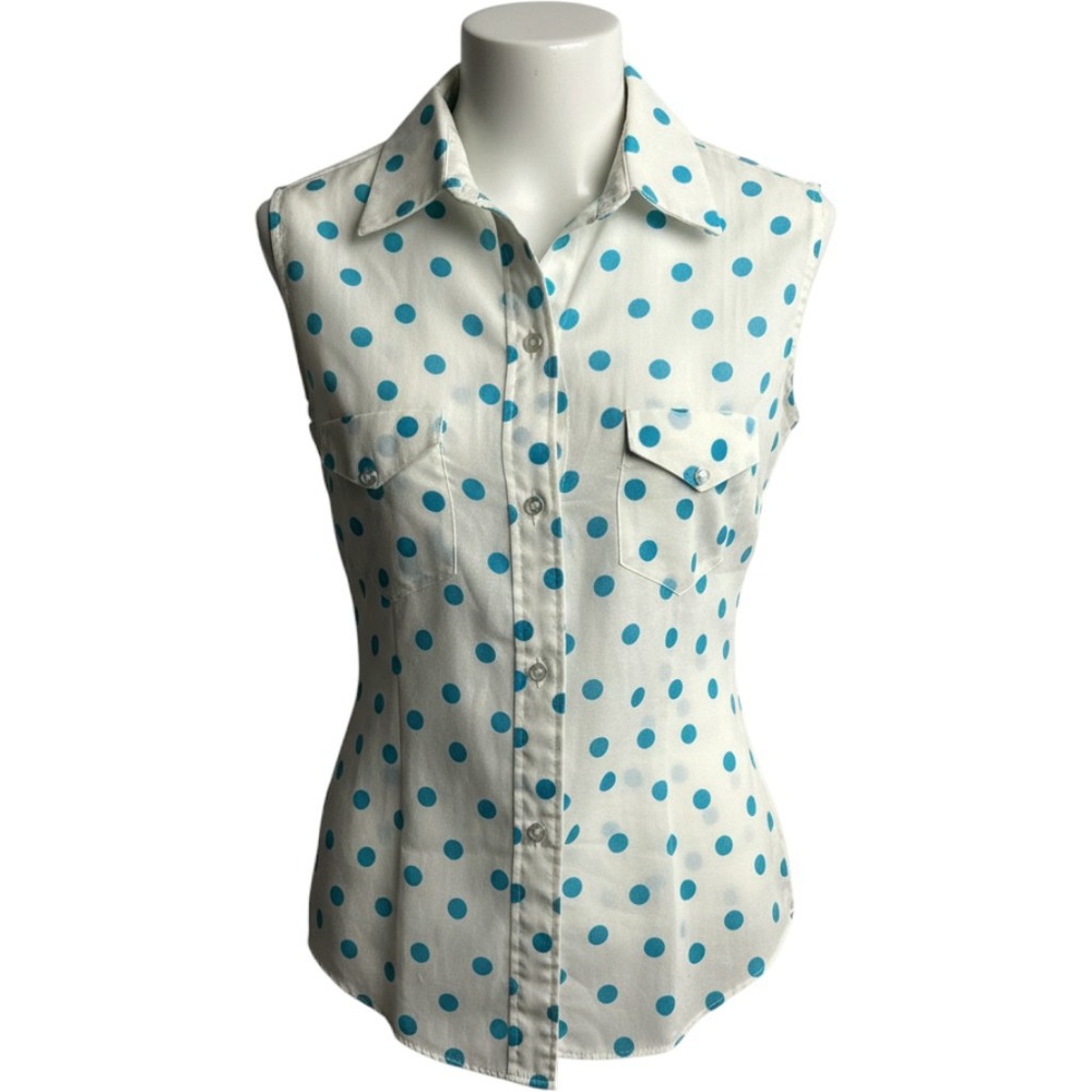 VTG Permanent Press Polka Dot Sleeveless Button Down Shirt White Blue Twee Retro